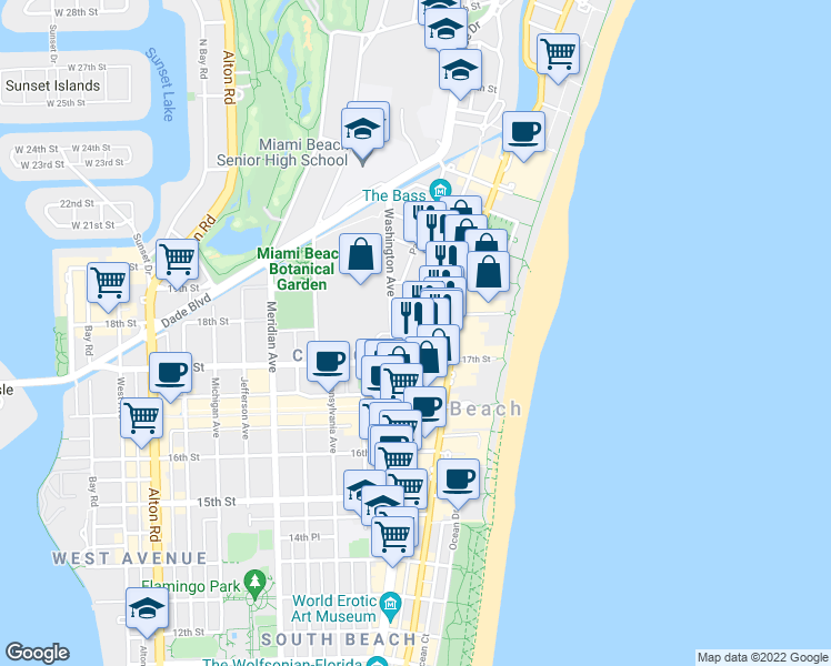 map of restaurants, bars, coffee shops, grocery stores, and more near 1809 Washington Avenue in Miami Beach