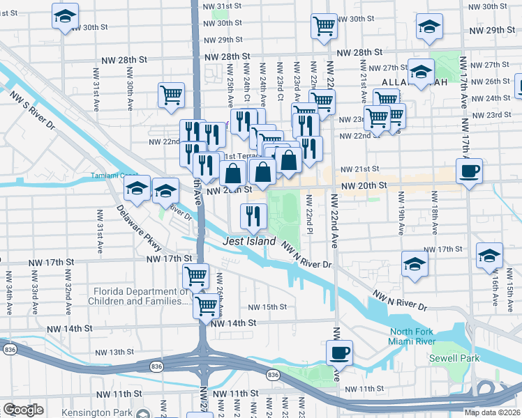 map of restaurants, bars, coffee shops, grocery stores, and more near 2428 Northwest 20th Street in Miami