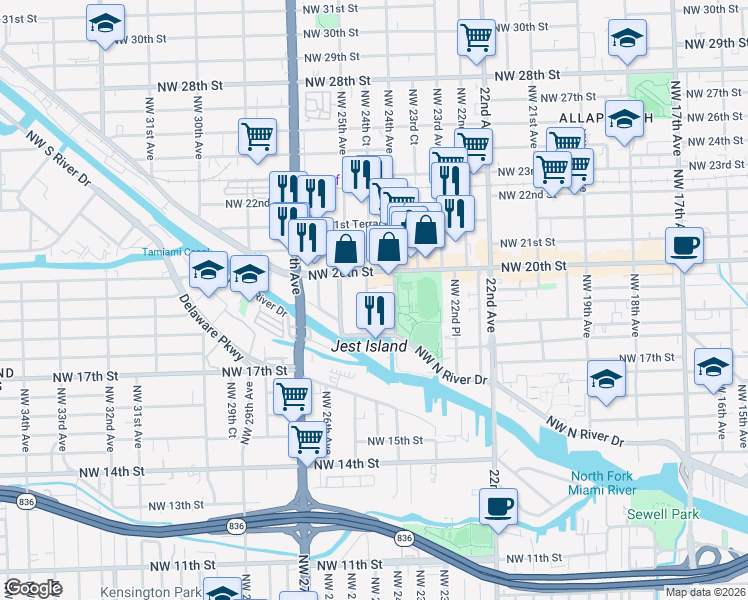 map of restaurants, bars, coffee shops, grocery stores, and more near 2428 Northwest 20th Street in Miami