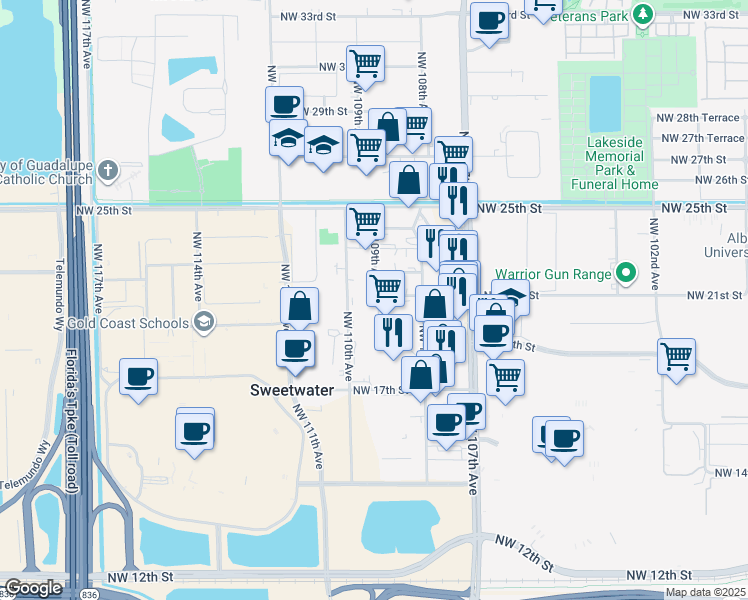 map of restaurants, bars, coffee shops, grocery stores, and more near 1031 Northwest 109th Avenue in Miami