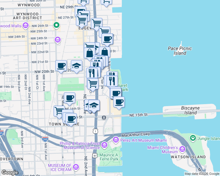 map of restaurants, bars, coffee shops, grocery stores, and more near 1800 North Bayshore Drive in Miami