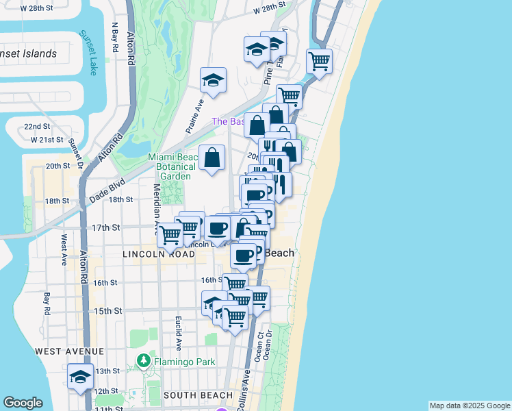 map of restaurants, bars, coffee shops, grocery stores, and more near 1800 Collins Avenue in Miami Beach