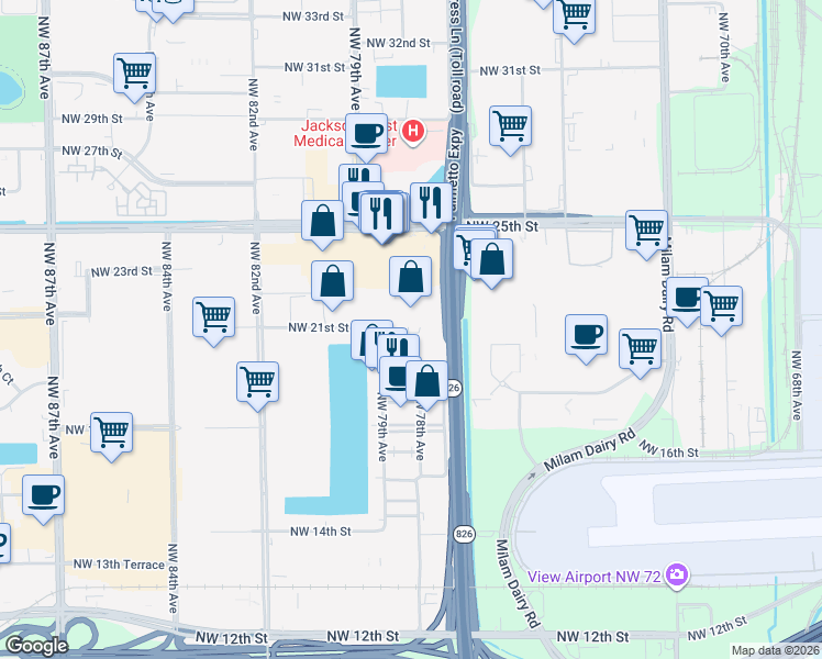 map of restaurants, bars, coffee shops, grocery stores, and more near 2105 NW 79th Ave in Doral