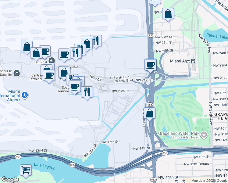 map of restaurants, bars, coffee shops, grocery stores, and more near NW 20th St & Perimeter Rd in Miami