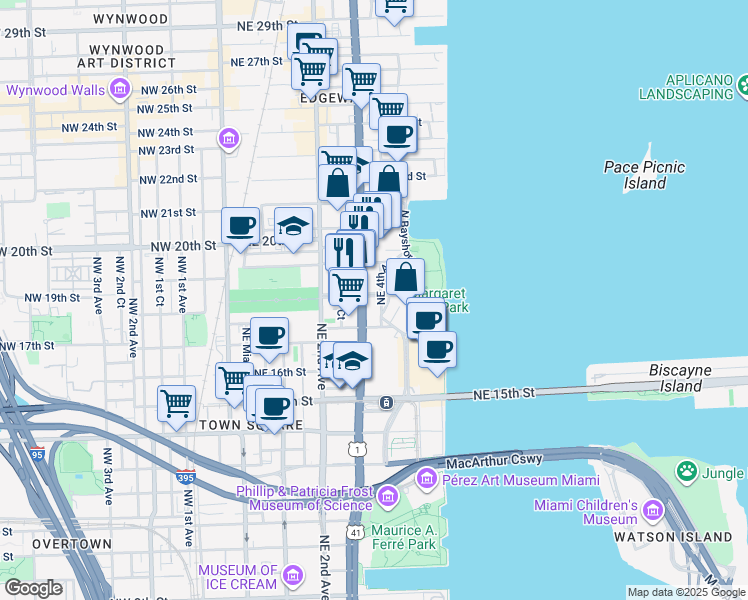 map of restaurants, bars, coffee shops, grocery stores, and more near 1820 Northeast 4th Avenue in Miami