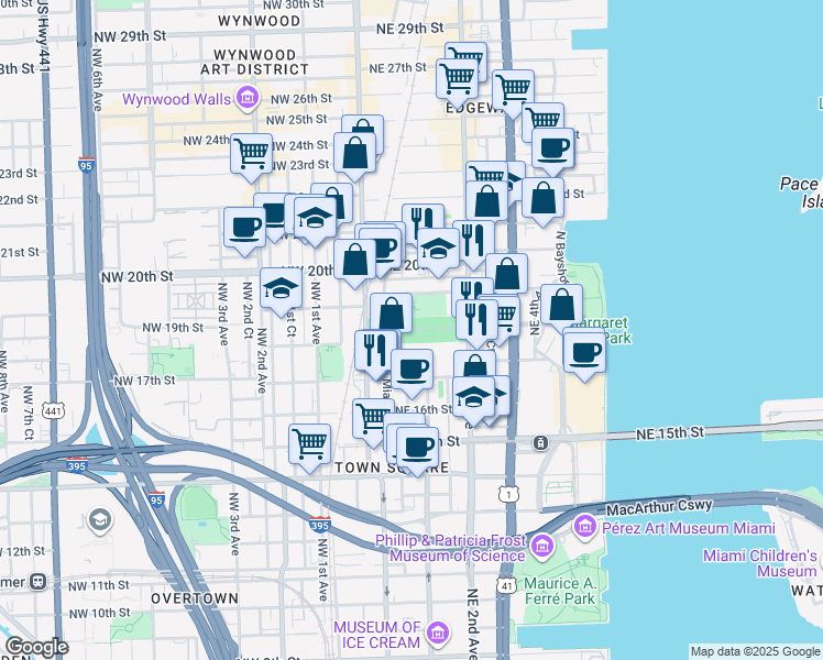 map of restaurants, bars, coffee shops, grocery stores, and more near 150 Northeast 19th Street in Miami