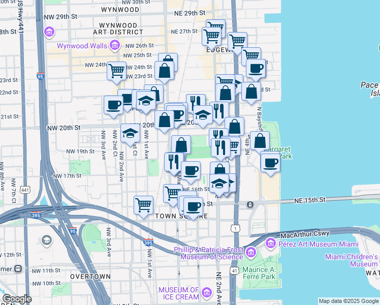map of restaurants, bars, coffee shops, grocery stores, and more near 1800 Northeast 2nd Avenue in Miami
