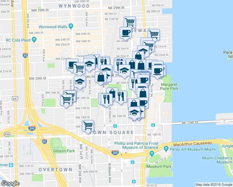 map of restaurants, bars, coffee shops, grocery stores, and more near 1800 Northeast 2nd Avenue in Miami