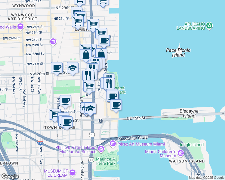 map of restaurants, bars, coffee shops, grocery stores, and more near 1753 North Bayshore Drive in Miami