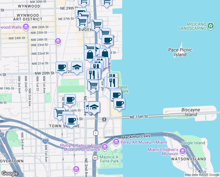map of restaurants, bars, coffee shops, grocery stores, and more near 1800 North Bayshore Drive in Miami