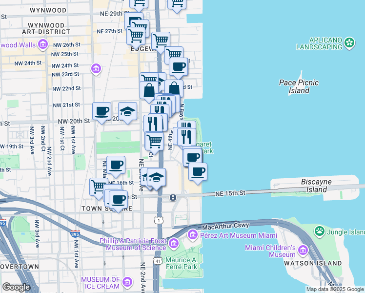 map of restaurants, bars, coffee shops, grocery stores, and more near 1800 North Bayshore Drive in Miami