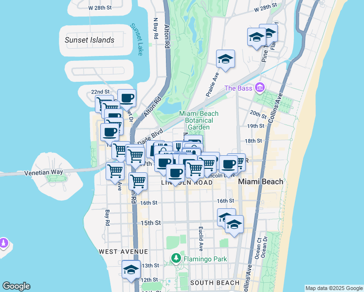 map of restaurants, bars, coffee shops, grocery stores, and more near 1821 Jefferson Avenue in Miami Beach