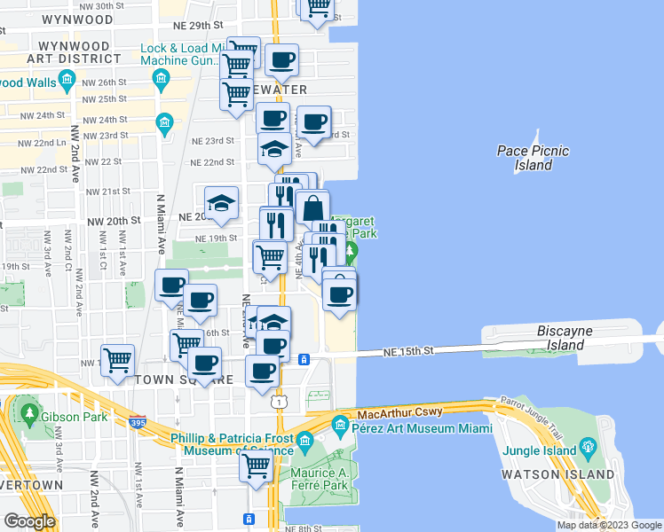 map of restaurants, bars, coffee shops, grocery stores, and more near 1800 North Bayshore Drive in Miami