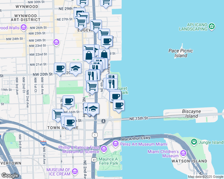 map of restaurants, bars, coffee shops, grocery stores, and more near 1800 North Bayshore Drive in Miami