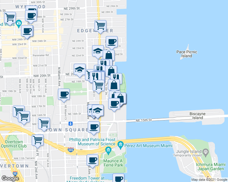 map of restaurants, bars, coffee shops, grocery stores, and more near 1800 North Bayshore Drive in Miami