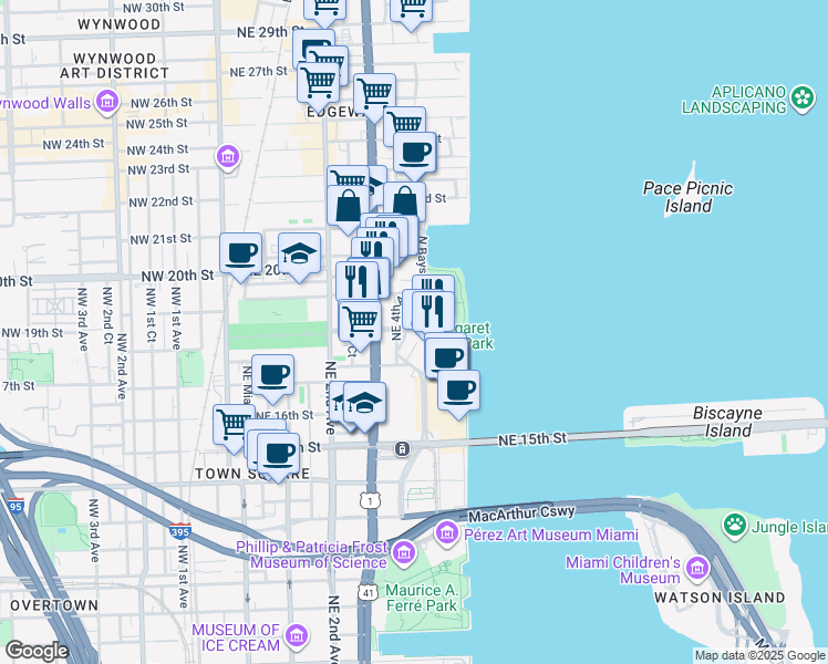 map of restaurants, bars, coffee shops, grocery stores, and more near 1800 North Bayshore Drive in Miami