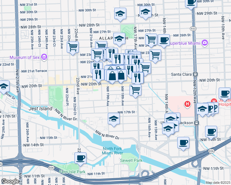map of restaurants, bars, coffee shops, grocery stores, and more near 1833 Northwest 19th Terrace in Miami