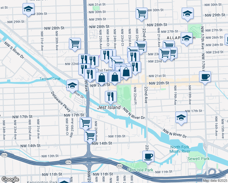 map of restaurants, bars, coffee shops, grocery stores, and more near 2428 Northwest 20th Street in Miami