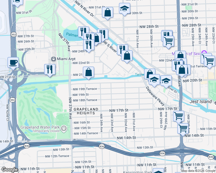 map of restaurants, bars, coffee shops, grocery stores, and more near 1971 Northwest 33rd Avenue in Miami