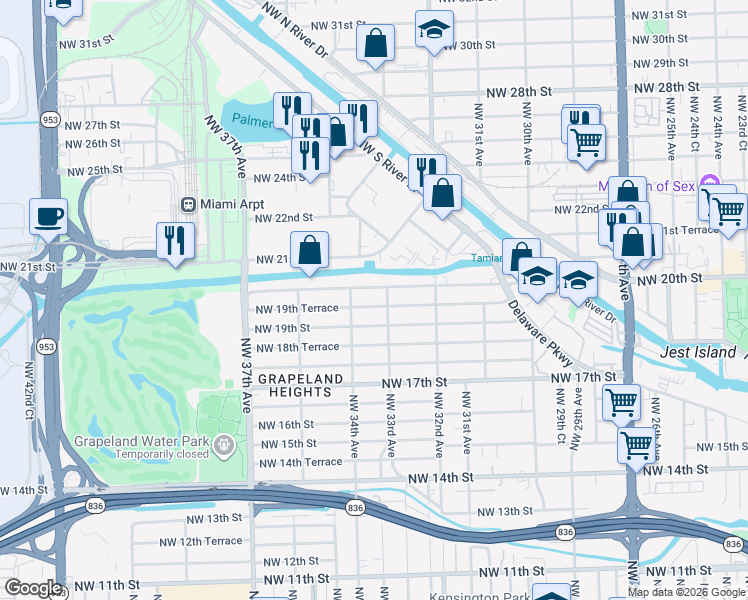 map of restaurants, bars, coffee shops, grocery stores, and more near 1971 Northwest 33rd Avenue in Miami