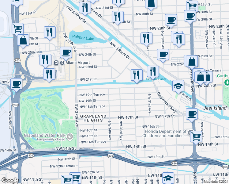 map of restaurants, bars, coffee shops, grocery stores, and more near 3381 Northwest 20th Street in Miami
