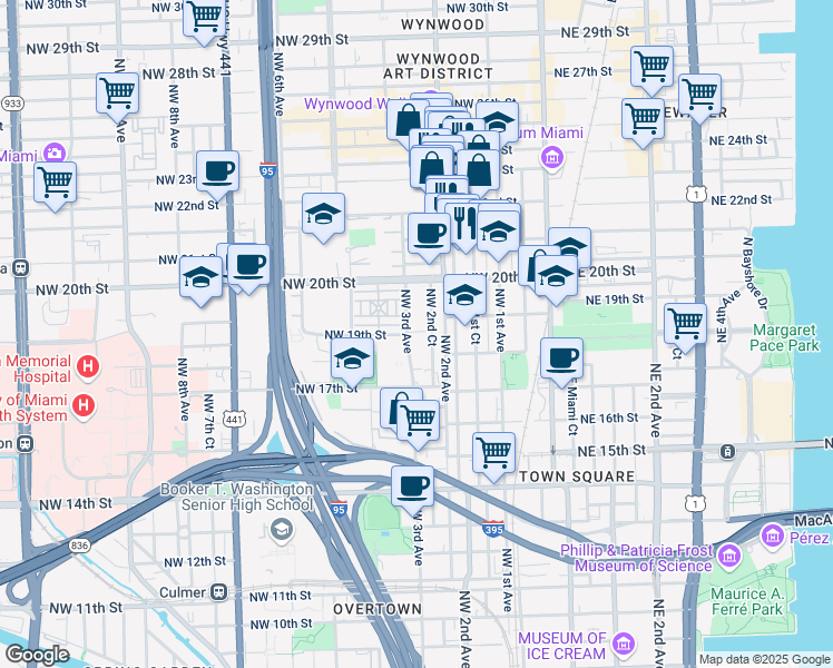 map of restaurants, bars, coffee shops, grocery stores, and more near 300 Northwest 19th Terrace in Miami