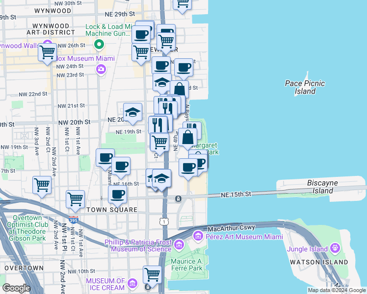 map of restaurants, bars, coffee shops, grocery stores, and more near 1800 North Bayshore Drive in Miami