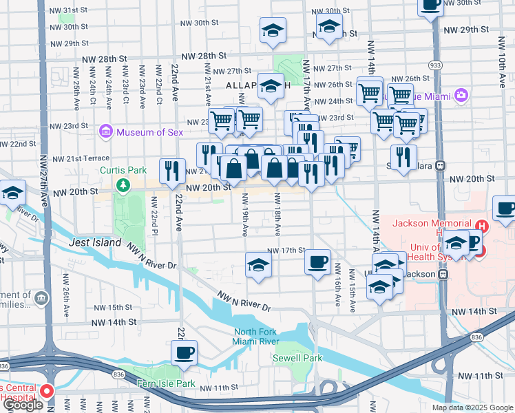 map of restaurants, bars, coffee shops, grocery stores, and more near 1833 Northwest 19th Terrace in Miami