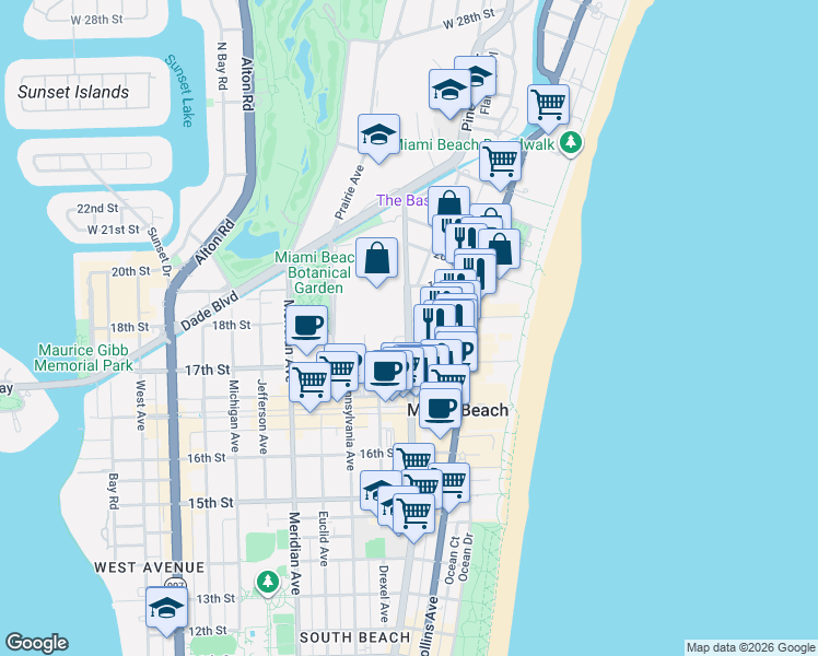 map of restaurants, bars, coffee shops, grocery stores, and more near 1775 Washington Avenue in Miami Beach