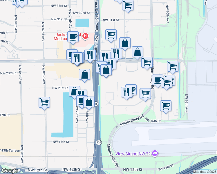 map of restaurants, bars, coffee shops, grocery stores, and more near Unnamed Road in Miami