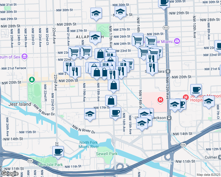 map of restaurants, bars, coffee shops, grocery stores, and more near 1955 Northwest 17th Avenue in Miami
