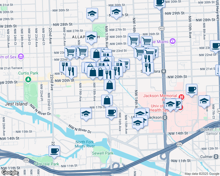 map of restaurants, bars, coffee shops, grocery stores, and more near 1955 Northwest 17th Avenue in Miami