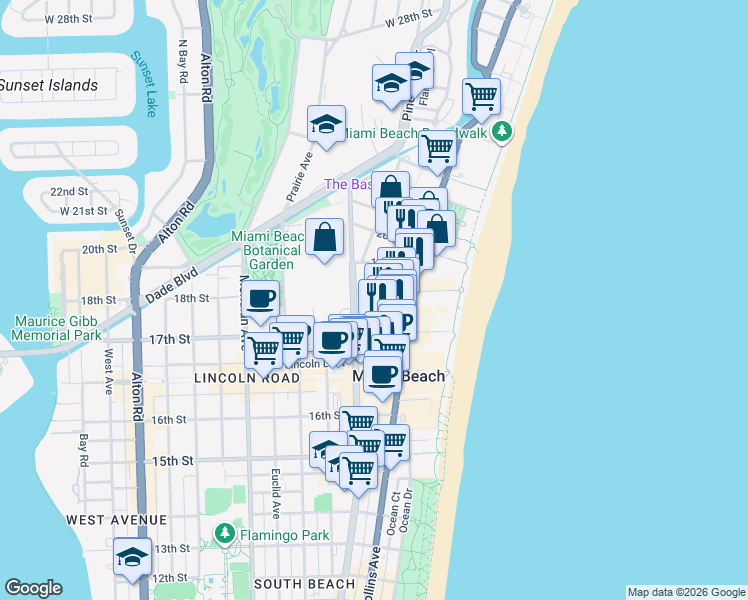 map of restaurants, bars, coffee shops, grocery stores, and more near in Miami Beach