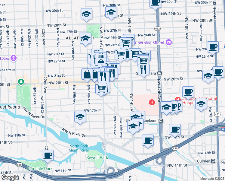 map of restaurants, bars, coffee shops, grocery stores, and more near 1525 Northwest 19th Terrace in Miami