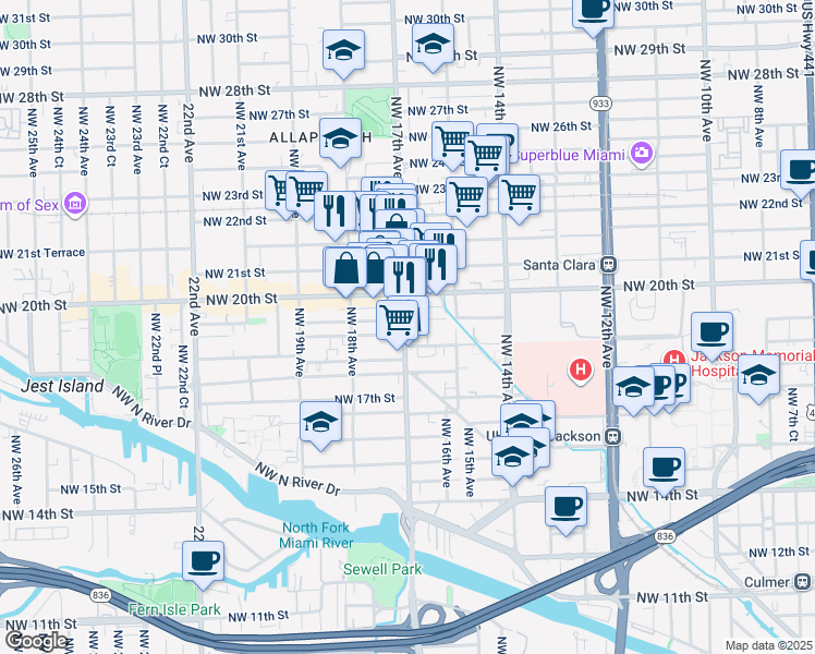 map of restaurants, bars, coffee shops, grocery stores, and more near 1955 Northwest 17th Avenue in Miami