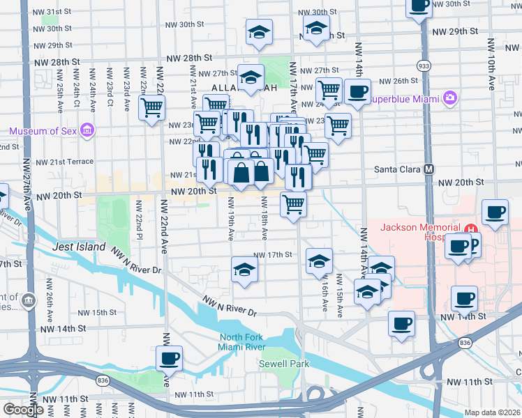 map of restaurants, bars, coffee shops, grocery stores, and more near 1833 Northwest 19th Terrace in Miami
