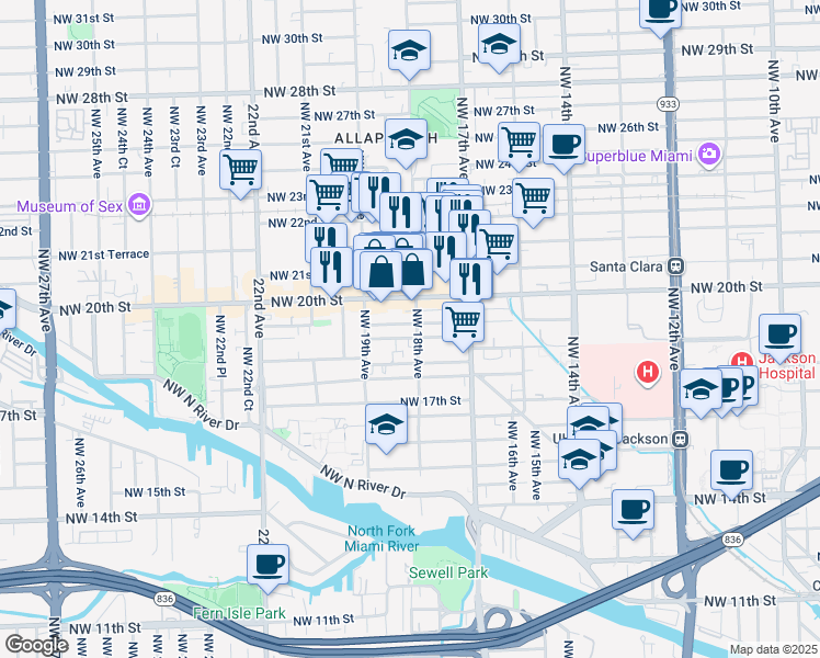 map of restaurants, bars, coffee shops, grocery stores, and more near 1833 Northwest 19th Terrace in Miami