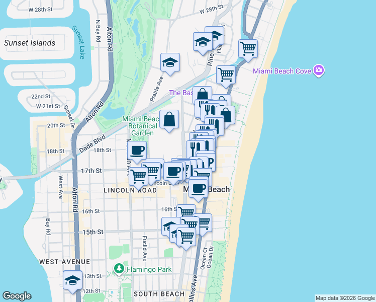 map of restaurants, bars, coffee shops, grocery stores, and more near 1809 Washington Avenue in Miami Beach