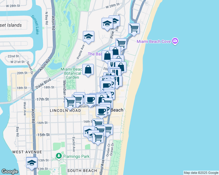 map of restaurants, bars, coffee shops, grocery stores, and more near 1776 Collins Avenue in Miami Beach