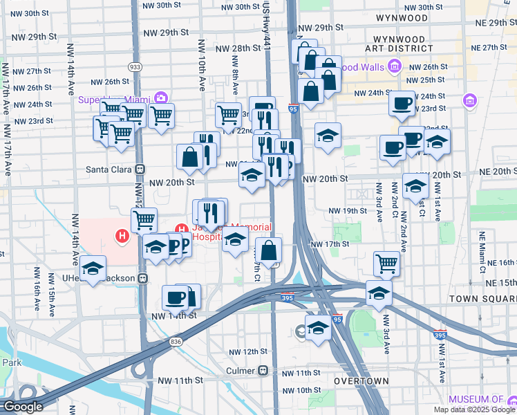 map of restaurants, bars, coffee shops, grocery stores, and more near 724 Northwest 19th Street in Miami