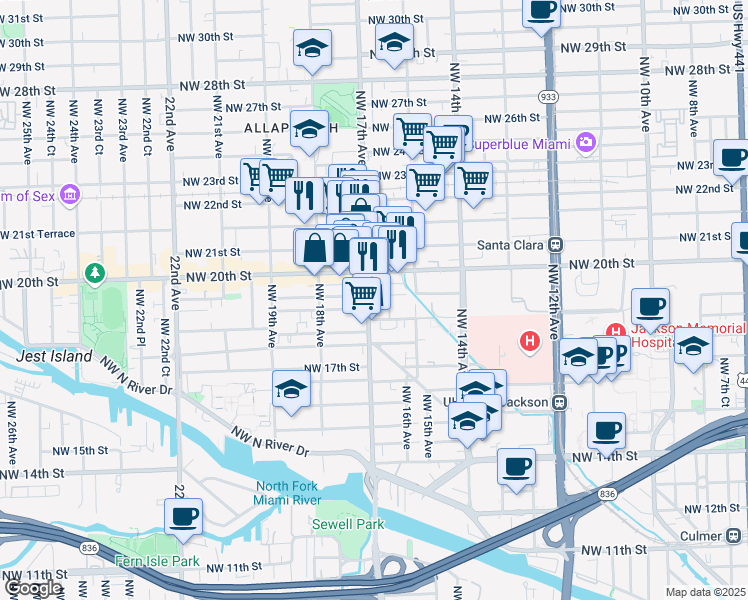 map of restaurants, bars, coffee shops, grocery stores, and more near 1955 Northwest 17th Avenue in Miami