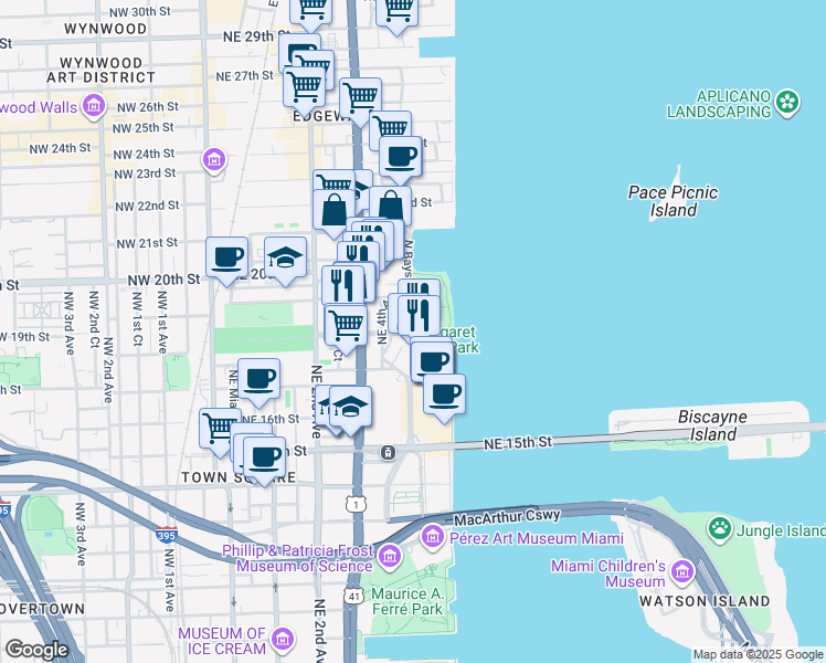 map of restaurants, bars, coffee shops, grocery stores, and more near 1800 North Bayshore Drive in Miami