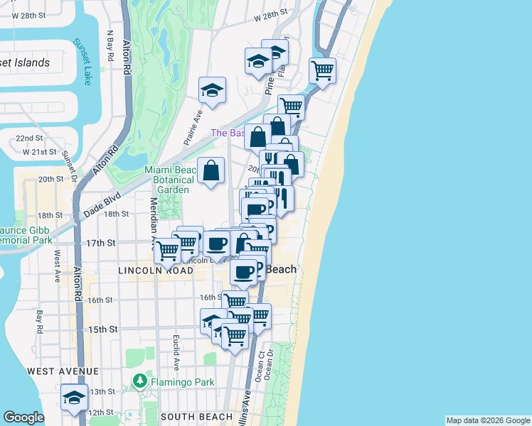 map of restaurants, bars, coffee shops, grocery stores, and more near 1800 Collins Avenue in Miami Beach