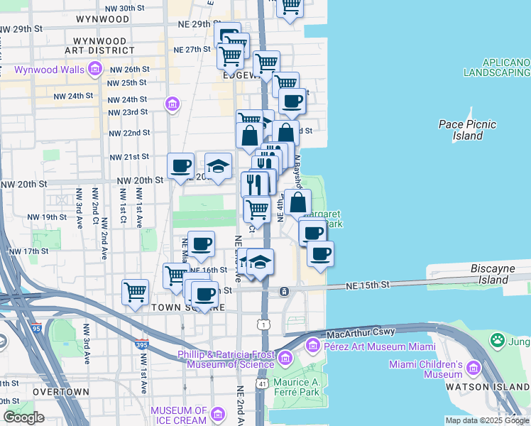 map of restaurants, bars, coffee shops, grocery stores, and more near 1820 Northeast 4th Avenue in Miami