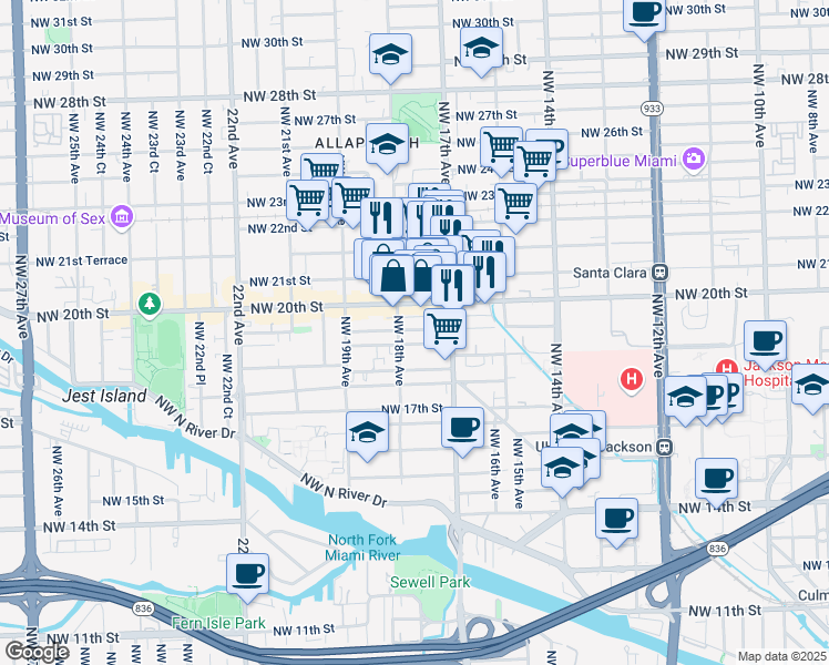 map of restaurants, bars, coffee shops, grocery stores, and more near 1761 Northwest 19th Terrace in Miami