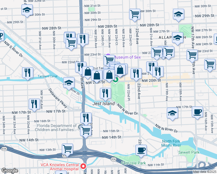 map of restaurants, bars, coffee shops, grocery stores, and more near 2428 Northwest 20th Street in Miami