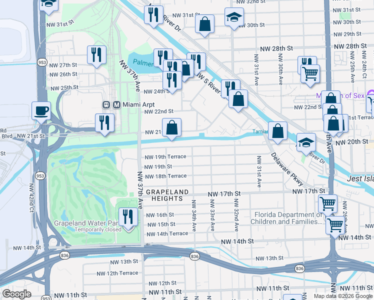 map of restaurants, bars, coffee shops, grocery stores, and more near 3381 Northwest 20th Street in Miami
