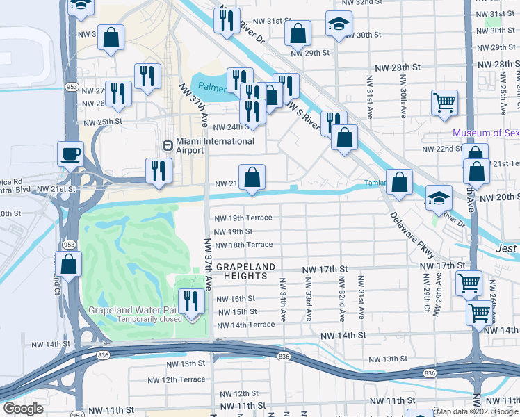 map of restaurants, bars, coffee shops, grocery stores, and more near 3520 Northwest 20th Street in Miami