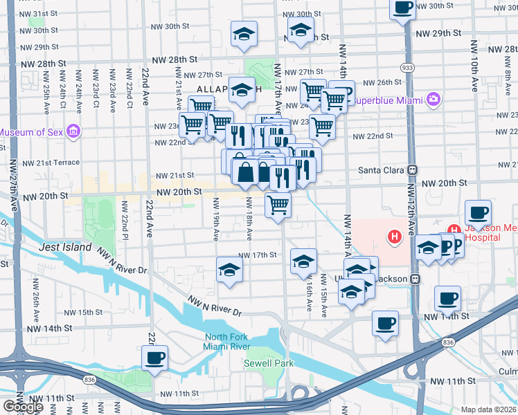 map of restaurants, bars, coffee shops, grocery stores, and more near 1761 Northwest 19th Terrace in Miami