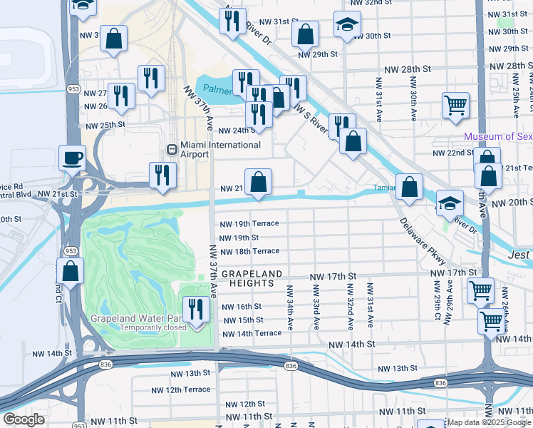 map of restaurants, bars, coffee shops, grocery stores, and more near 3520 Northwest 20th Street in Miami